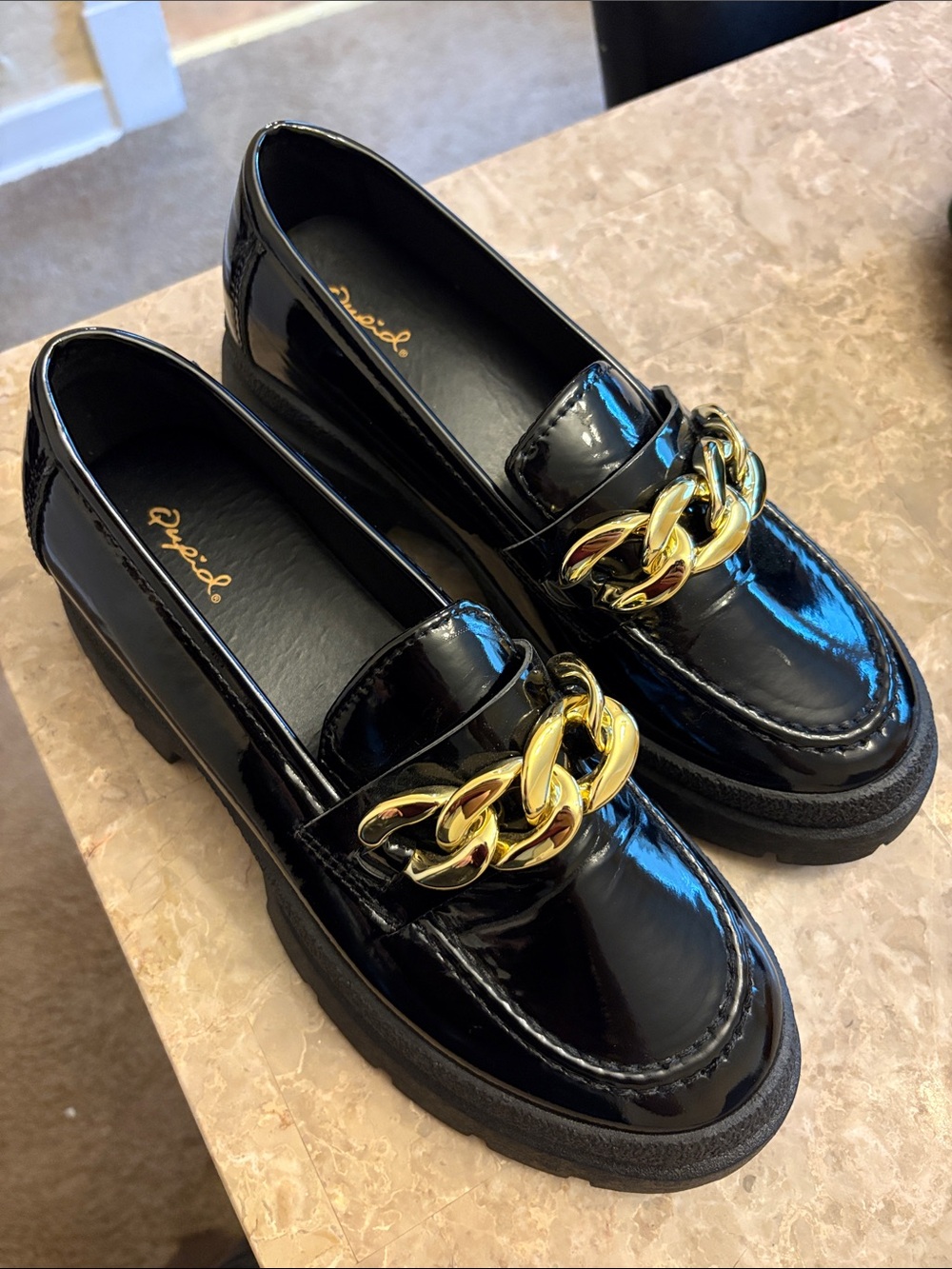 NEW Qupid Black Patent Platform Loafers with Gold Chain